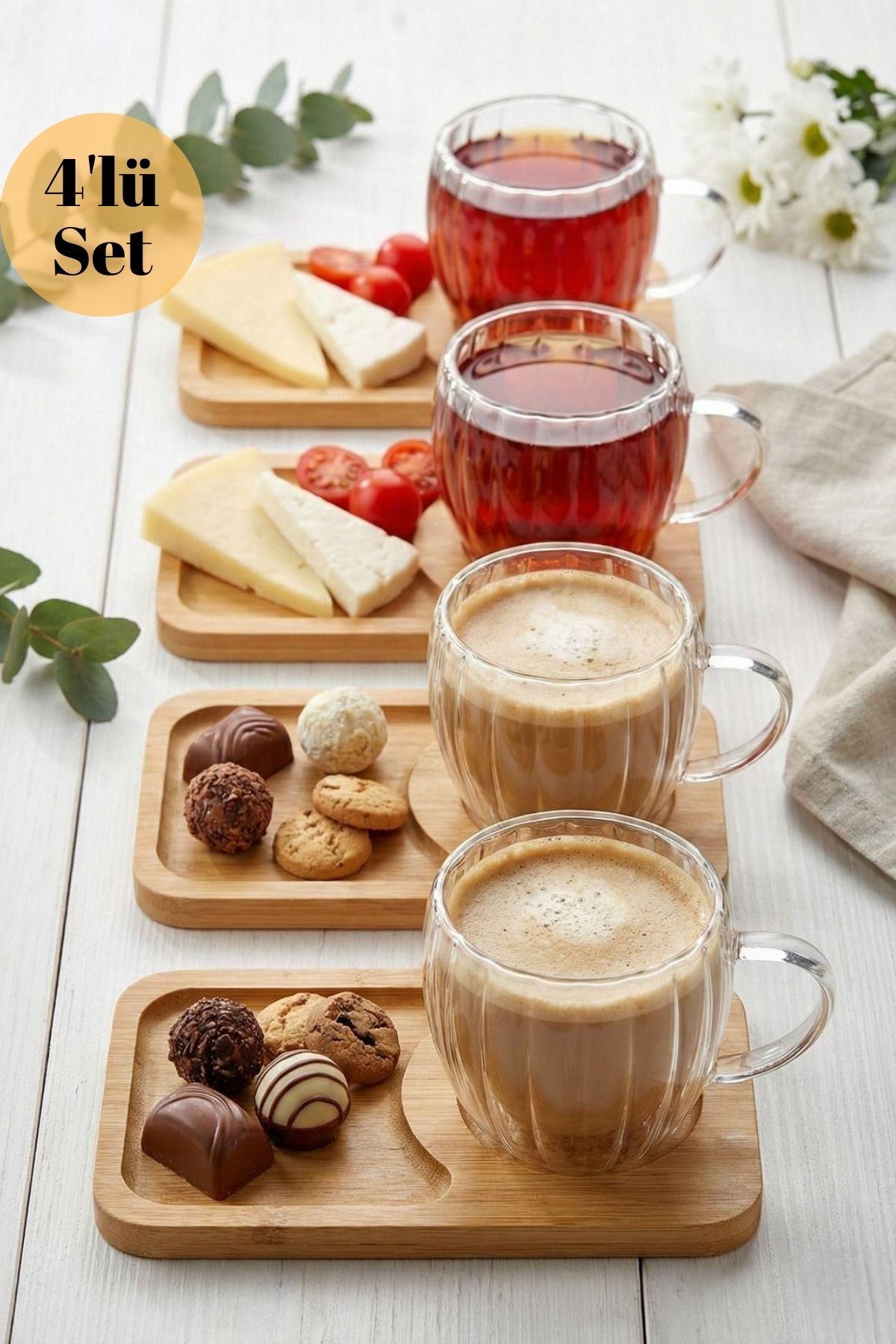 1-org-zoom-10 HUBBYCHEF 4'lü Bambu Tabaklı Cidarlı Espresso Kahve Bardağı - Görsel 1