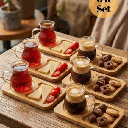 6lı Bambu Servis Tabaklı Çay Kahve Bardağı 150ml