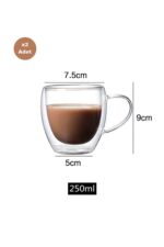 2'li Çift Cidarlı Cam Kupa Seti - 250ml Isı Yalıtımlı Kulplu - Görsel 4