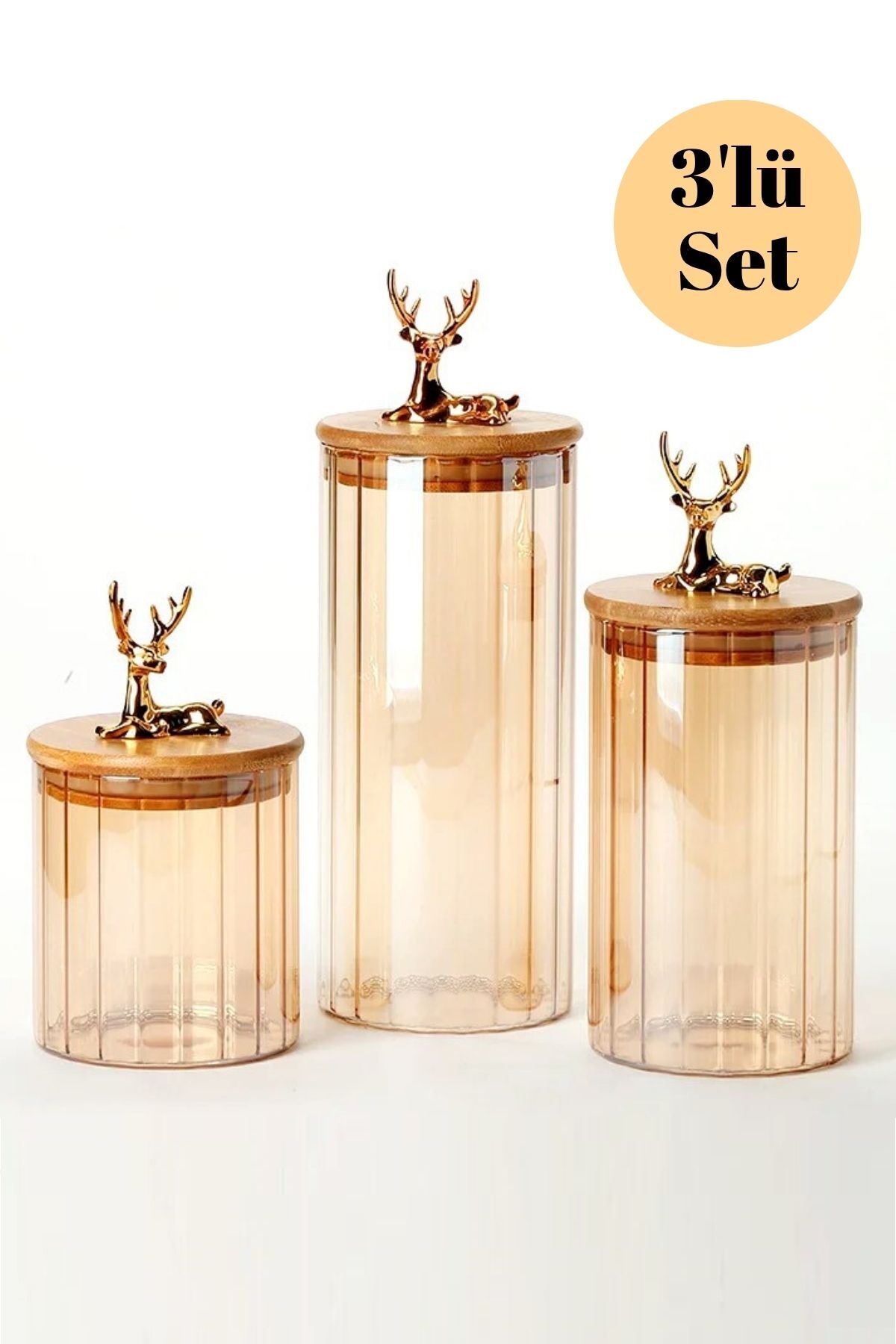 9cm Silikon Contalı Bambu Kapaklı 3’lü Set Sarı Cam Kavanoz - Görsel 1